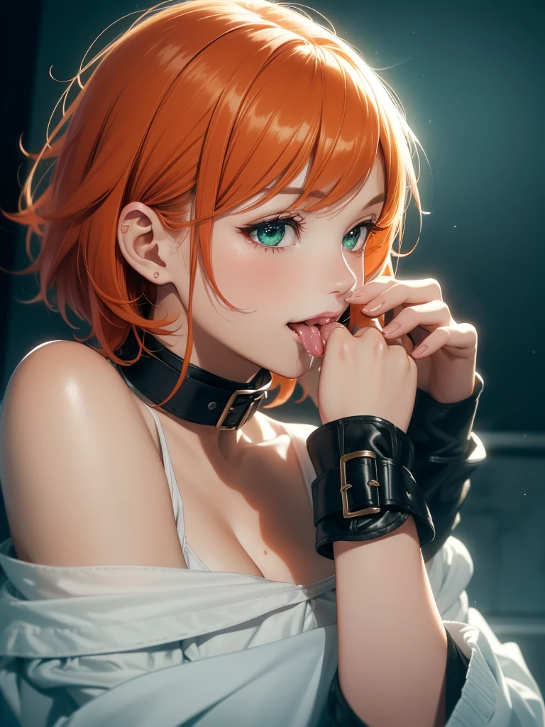 super high image, super detail, super high resolution, dark room with intense light, cute 1 girl, side profile, extreme close-up, ((licking semen off wrist)), skinny, moist shiny lips, grinning, mischievous, light-orange hair, messy wild short hair, (hairpins), green sparkling eyes, seductive eyes, (glossy dark eyeshadow), blush, sweaty, collar, buckles, night time