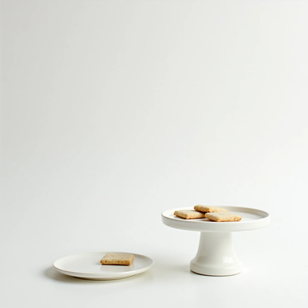 "Patternless white table with a patternless white plate on top, featuring a few square cookies, shot from a top-down angle."