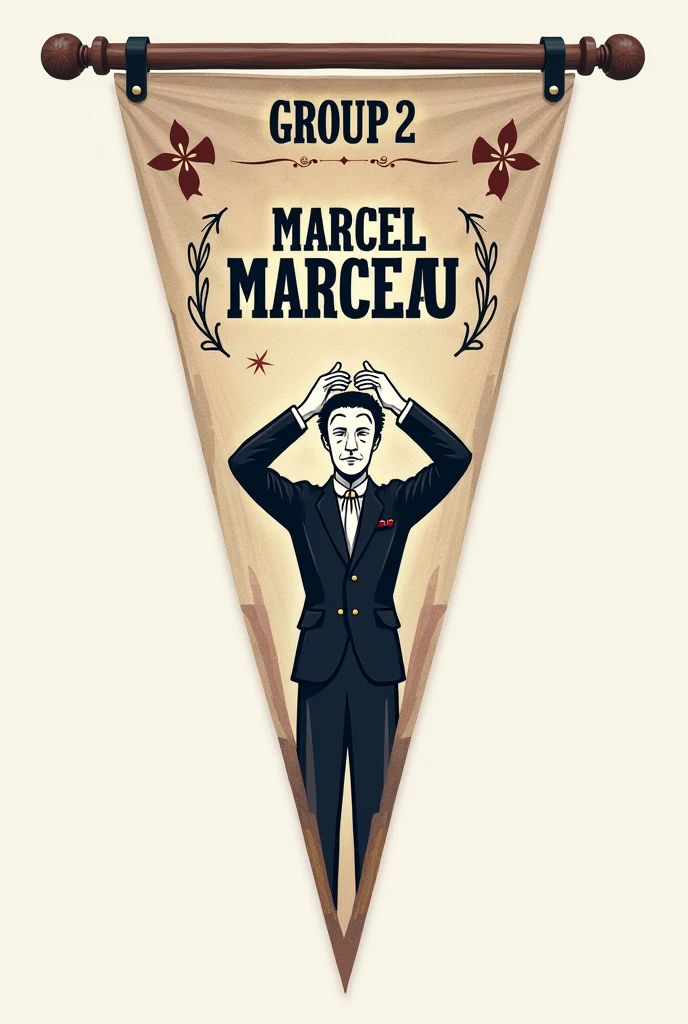 Create an image for a Scout pennant with the name Marcel Marceau (that has something representative of it, for example a mime) and also that it contains on one side written GROUP 2