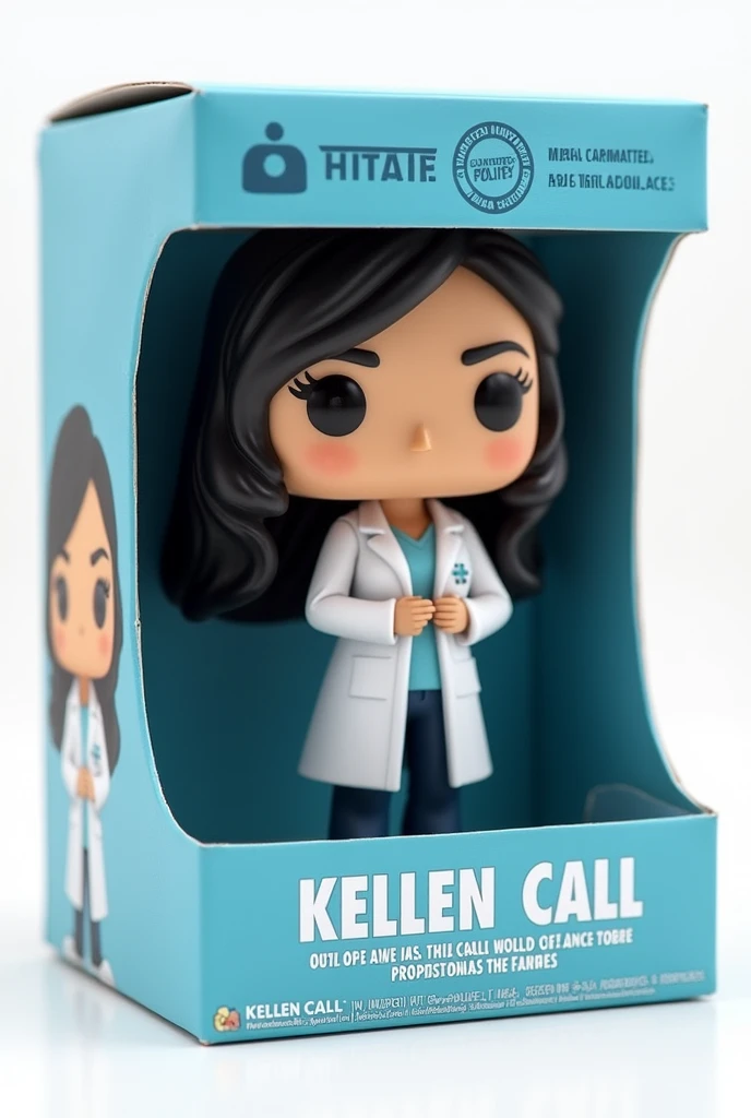 Create a Funko Pop of a kellen call, Brunetette, with slanted eyes, long black hair, dressed as a doctor. Funk must be presented inside and outside a blue box "unlimited editing". The box must also allow viewing of the funko, Typography, the rendering must be in 3D with a white background