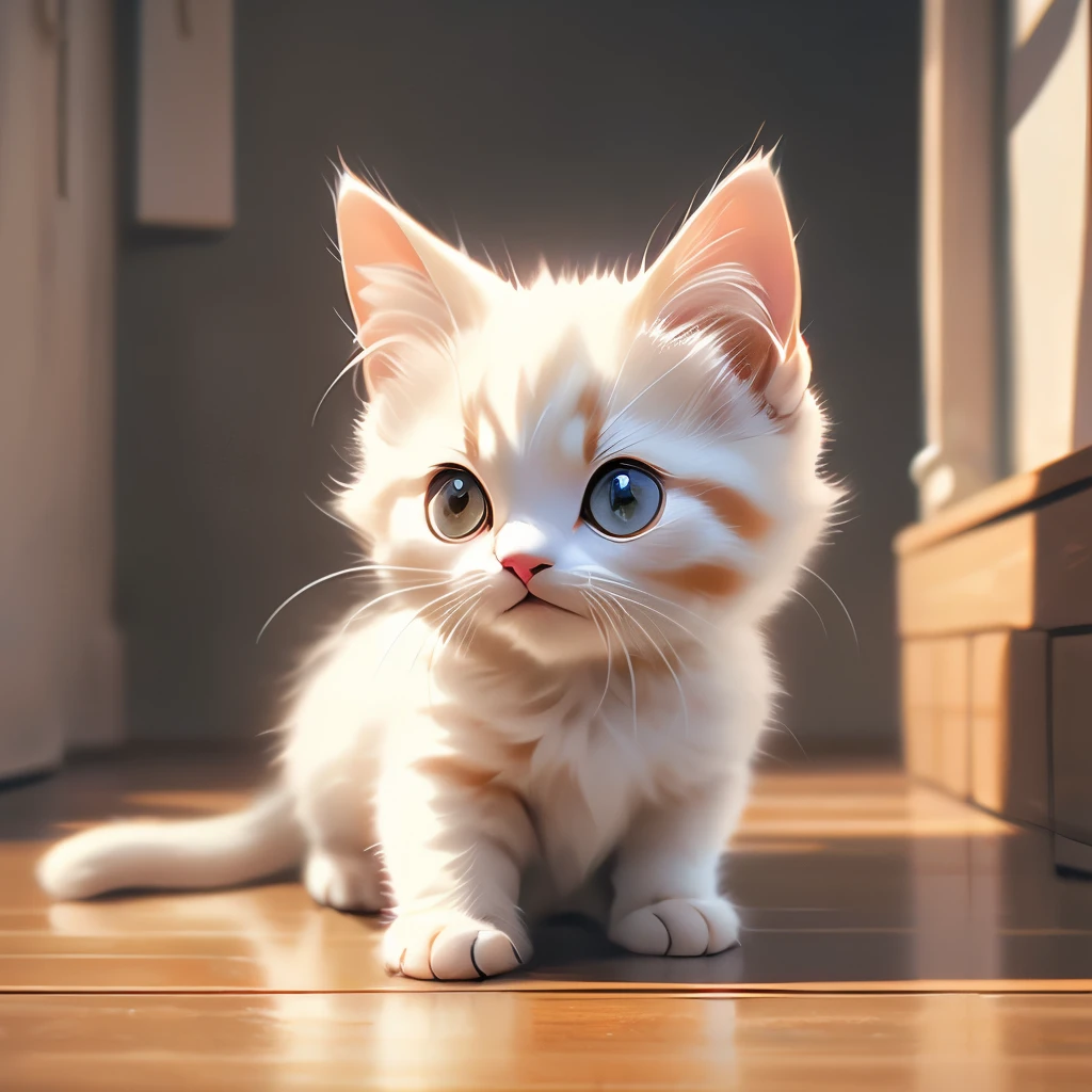 there is a small kitten that is sitting on the floor, a photorealistic painting by Niko Henrichon, flickr, photorealism, adorable appearance!!!, painfully adorable, cute and adorable, beautiful and cute, cute cat, has a very realistic look to it, adorable and cute, she has a cute face, awesome cat, lovely and cute, calico cat