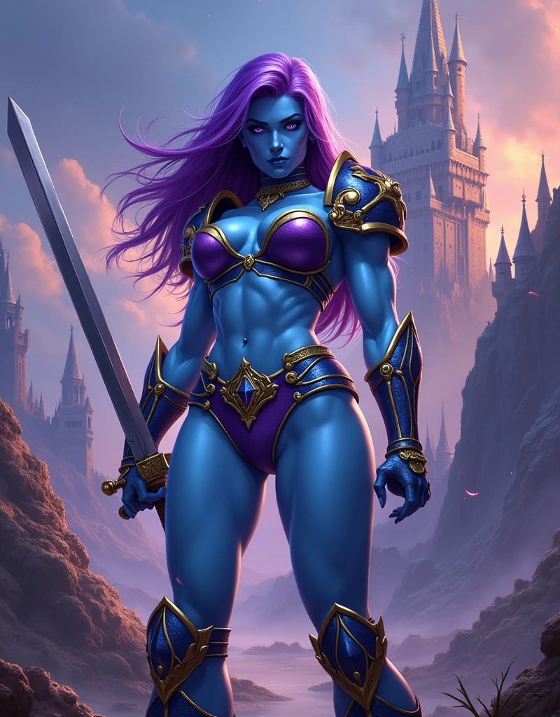 a female warrior with blue skin and purple hair. wearing purple bikini armor with an armored collar and shoulder pads, embellished with gold trim. She has narrow lavender colored eyes. Her figure is strong and curvy, with wide hips and large breasts. Show her standing on a battle field, serious expression, feet wide spread, solid fighting stance, holding a sword. use a dramatic comic book style richly detailed inspired by masters of the universe. castle greyskul looms in the background.