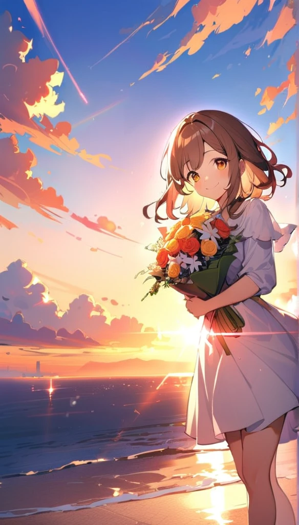 1girl,solo,cute,smile,hold a gorgeous bouquet,sunrise,brilliant sky
