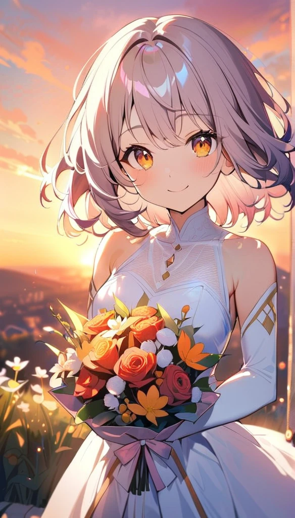 1girl,solo,cute,smile,hold a gorgeous bouquet,sunrise,brilliant sky