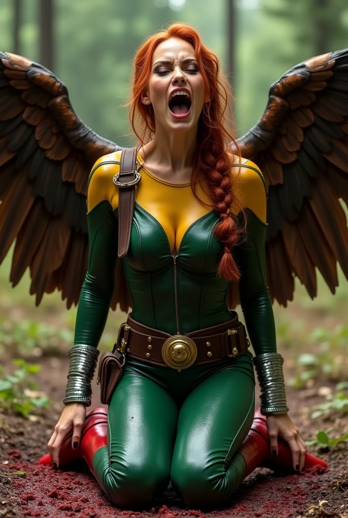 (((De primerísimo primer plano una hermosa mujer de rodillas yelling))),(((Long red hair tied up in a braided ponytail))),(((green top suit with yellow in the middle))),(((Cali green leather pants with red shorts over the pants))),(((Charlize Theron under the mantle of Shayera Holl aka Hawkgirl ))),(((On knees gritando de dolor))),(((leather suit with tiny scales on the suit))),(((Large brown giant falcon wings))),(((Silver metal bracelets on their wrists))),(((Long red boots up to her knees))),(((On knees))),(((yelling))),(((mortally wounded))),(((Blood on his chest))),(((cursed cemetery))),(((Blood all around his body))),(((Wide brown harness on her chest with a round gold plate and a hawk as the Hawkgirl emblem on her chest )))