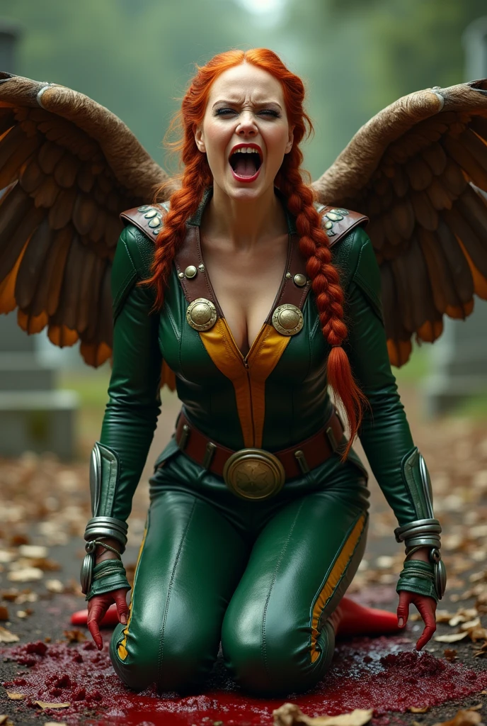 (((De primerísimo primer plano una hermosa mujer de rodillas yelling))),(((Long red hair tied up in a braided ponytail))),(((green top suit with yellow in the middle))),(((Cali green leather pants with red shorts over the pants))),(((Charlize Theron under the mantle of Shayera Holl aka Hawkgirl ))),(((On knees gritando de dolor))),(((leather suit with tiny scales on the suit))),(((Large brown giant falcon wings))),(((Silver metal bracelets on their wrists))),(((Long red boots up to her knees))),(((On knees))),(((yelling))),(((mortally wounded))),(((Blood on his chest))),(((cursed cemetery))),(((Blood all around his body))),(((Wide brown harness on her chest with a round gold plate and a hawk as the Hawkgirl emblem on her chest )))