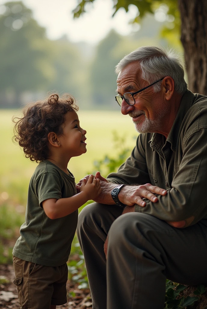 A real child explaining to a war veteran about a corsair plane