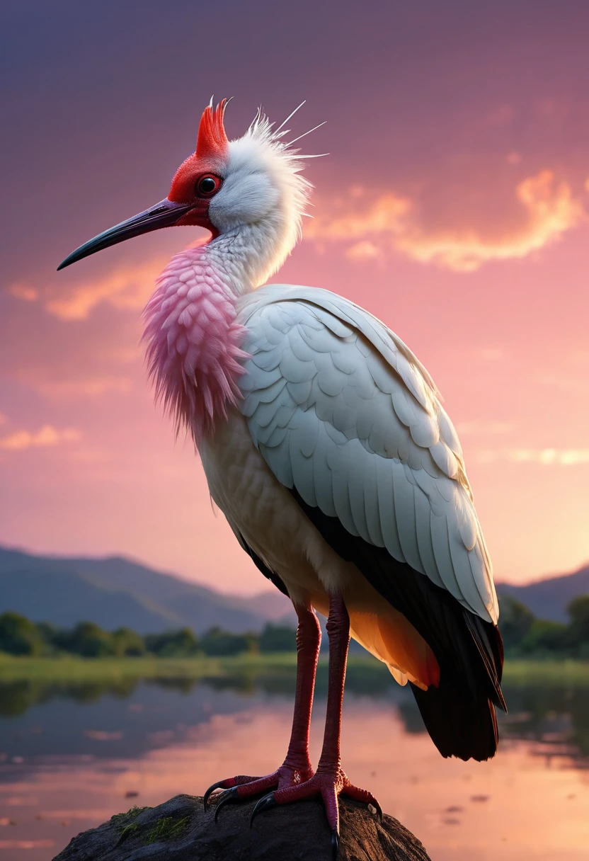 beautiful detailed crested ibis, 1 crested ibis, detailed sky, evening sky, pale pink sky, beautiful detailed wings, detailed nature, Japanese landscape, serene, calm, peaceful, cinematic lighting, dramatic lighting, photorealistic, 8k, high quality, vibrant colors, masterpiece