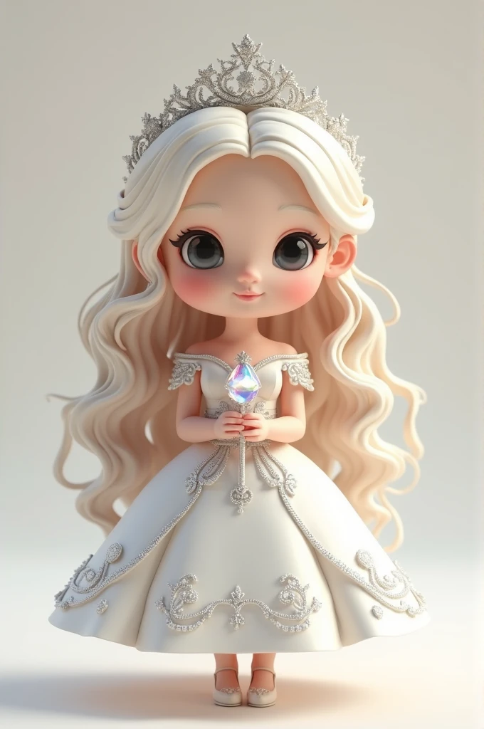 A C4D model, chibi-style girl, wearing a white princess dress with silver details and a matching tiara. Her long, platinum blonde hair is styled in loose curls. She’s holding a small crystal scepter and has a gentle, regal expression, exuding elegance and grace.