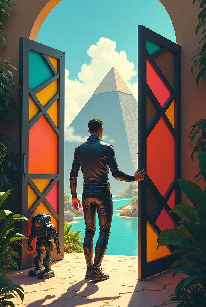 Un homme avec des vêtements futuristes pousse des deux mains des portes futuristes  avec des figures géométriques de couleurs différentes sur la porte et devant lui une pyramide avec de l'herbe et des animaux ,le tout ressemblent à la peinture que j'ai publié et un robot et à côté devant une des portes. 