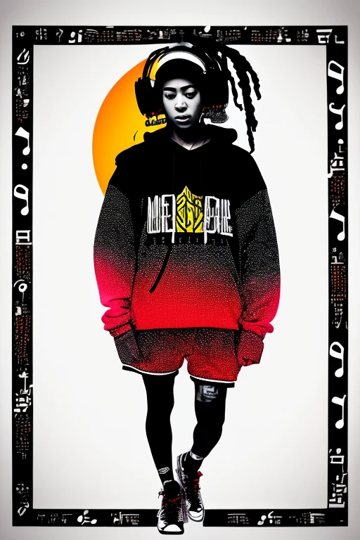 A background filled with scattered musical notes in various sizes and colors、

Creative logo illustration of a silhouette with dreadlocks and red headphones, 
Banksy、
A background completely filled with scattered musical notes in various sizes and colors, covering the entire screen.
singer、マイク、

beautiful girl colorful image

Dance hiphop Dance CREW  Waacking Dance

Punking 

black medium hair black medium hair 

Five fingers Baggy clothes Baggy clothes
HIPHOP crew、