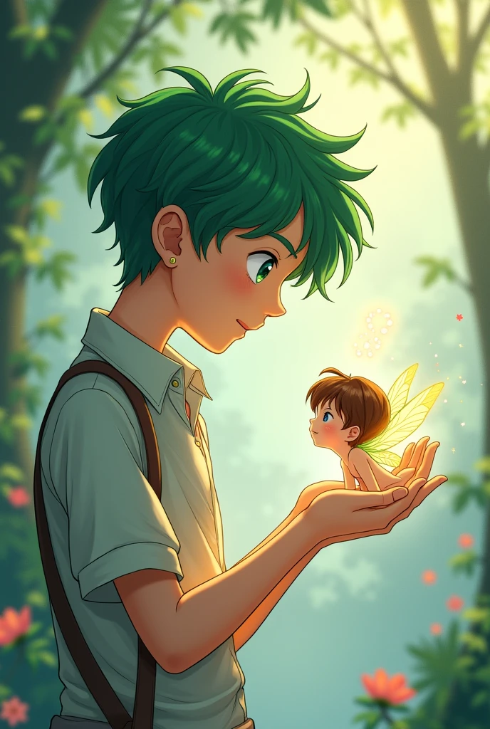 A boy holding a fairy in his hands who looks at him attentively, the young man with green hair and the fairy with short brown hair in anime style.
