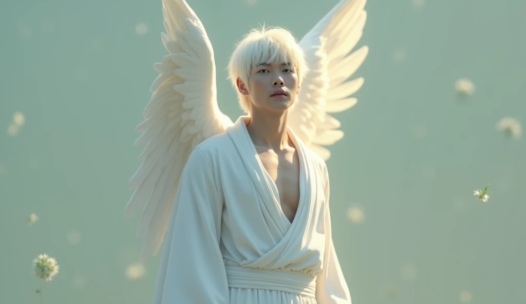 Japanese man, Angel, Handsome talking to you front, A gentle, white and gold-winged male pale white skinned, white hair, blue eyes, Asian features, Athletic body, mid 30s angel (simple design) - Soft colors, with a subtle glow - Ethereal background, with a subtle texture I want it as a man, walking through the garden of Eden, 32K UHD, best quality, masterpiece, Style Raw, hyperrealistic. walking through the enchanted garden of Eden.