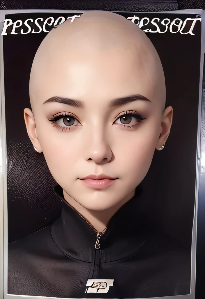 (passport photo:1.5) standing straight facing camera, passport picture, facing front, sensual face, looking forward, maintains eye contact with the viewer, smooth perfect skin, dark eyeliner, full face visible, High quality, portrait, passport style picture, official document photograph, bald beauty, bald is beautiful, no hair, headshot, government photo, id photo, standing straight looking at camera,