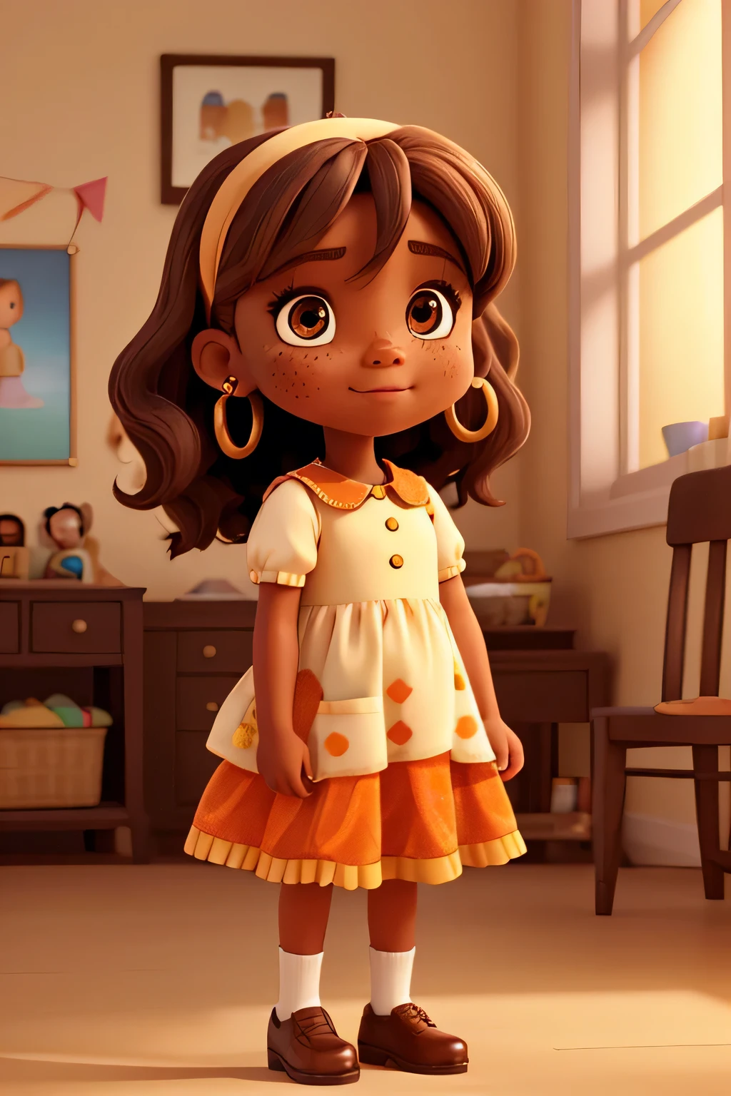 Young girl, 1
, chocolate-colored hair, freckles, orange-colored eyes, large gold-colored earrings, cream-colored skin, brown-colored short-sleeved dress, black heels