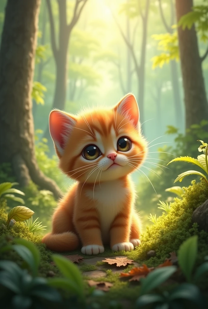 Very cute close-up of a kitten sitting in the forest., Soft volume lamp (backlight: 1.3), (Kinetics: 1.2), complicated details