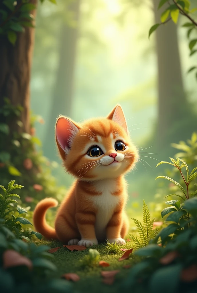 Very cute close-up of a kitten sitting in the forest., Soft volume lamp (backlight: 1.3), (Kinetics: 1.2), complicated details