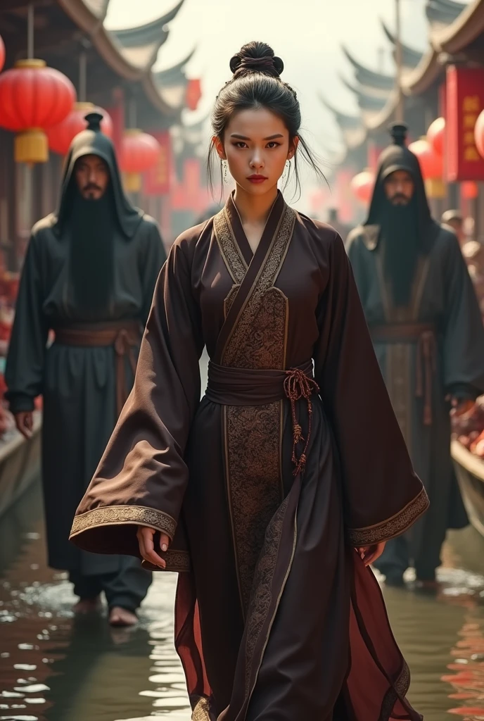 A beautiful young woman with a fierce expression in a dark brown dress of a Han Fu Dynasty official in full regalia walked ahead of two guards on the left and right who were dressed in black and wore hats with cloth covering them as she got off a boat at a large floating market.