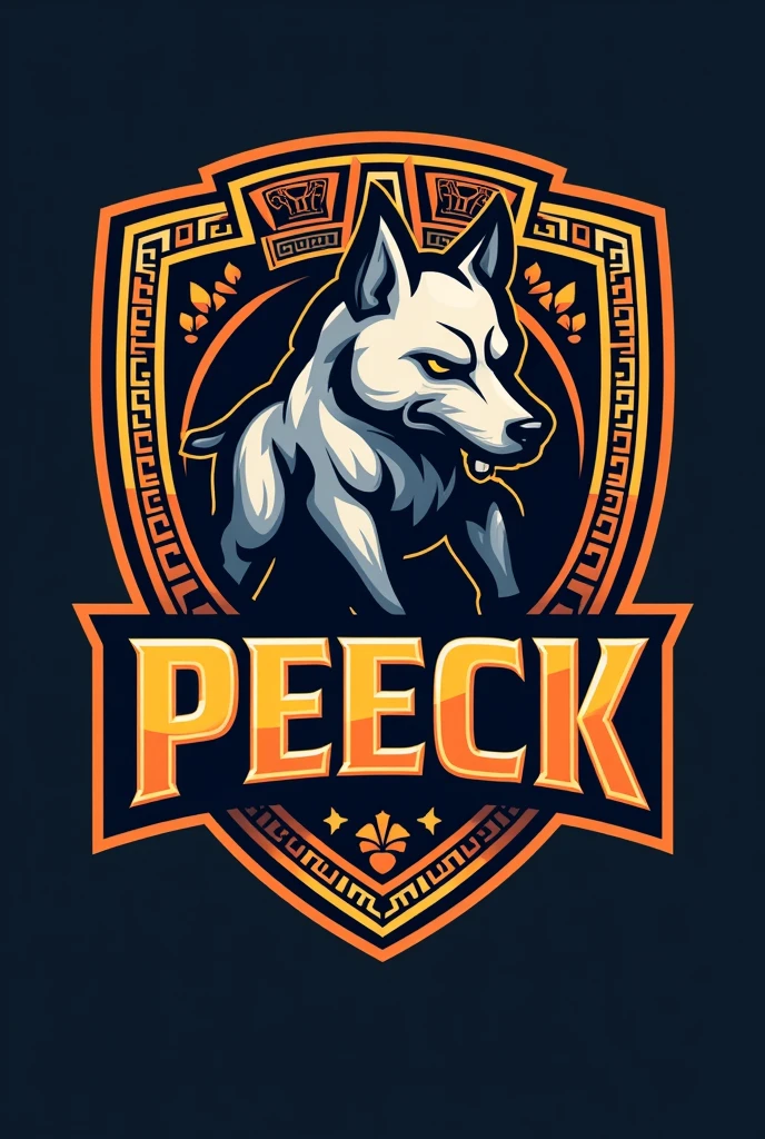 mayan style dog logo, for a sports team named Peeck that has striking colors but the dog looks imposing and that everything is surrounded by a border in the shape of a Mayan shield that has the name Peeck with striking words that the border has more Aztec details that has the dog glyph 