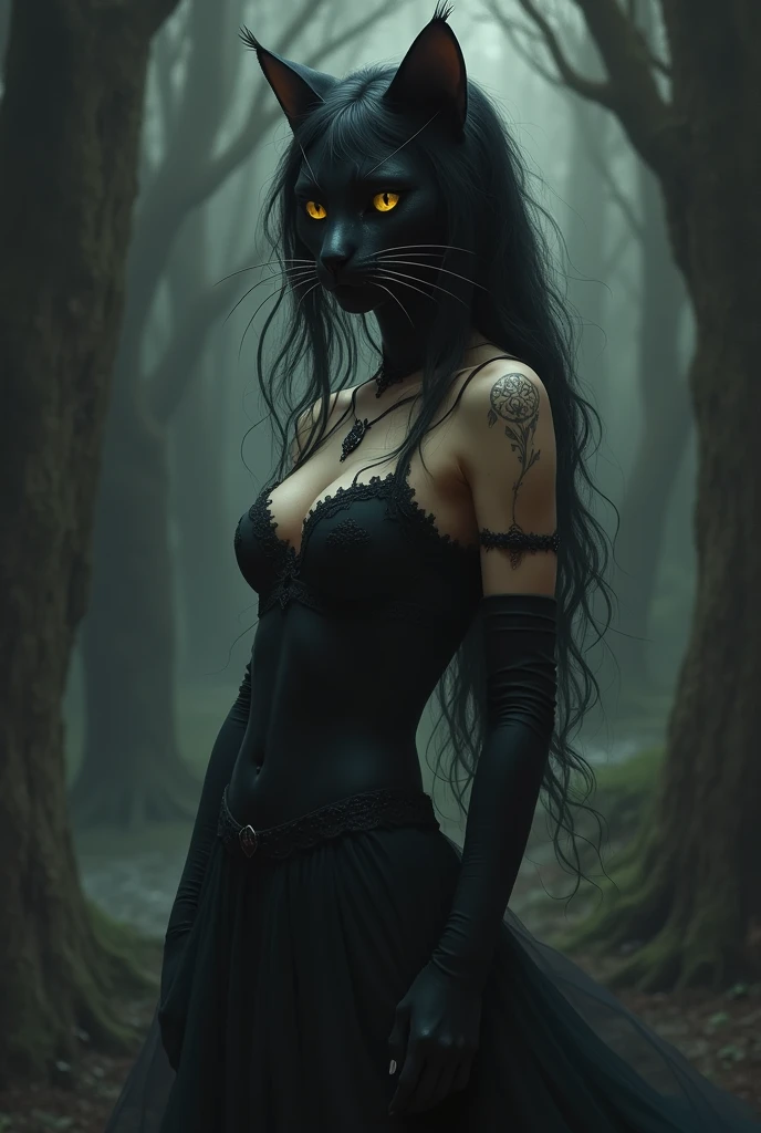 drawing of woman with black cat face full body