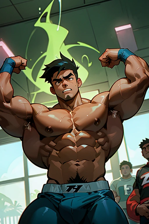 Danny Fenton from Danny Phantom animated series as a big dumb age muscular bodybuilder jock in a locker room flexing and staring blankly with mouth gaping open as his eyes glow under hypnosis as he repeats, "Bigger... Dumber.... Must obey.... More like a jock bro every day.... Yes, Coach. I obey. Huhuhuhuh.... Sweaty brutes must obey.... Sweaty brutes do what you say.... Big ... sweaty ... musky jock bro.... The muscles must grow. The old smarts must go.... Recruit the nerds and watch them grow. Make them like us, ... more big dumb jock bros. Huhuhuh.... We will grow. We will spread. We will make more dumb jocks.... We will grow... We will spread... We will make more dumb jocks.... We will grow. We will spread. We will make more dumb jocks.... Assimilate.... Grow.... Transform.... Be dumb.... Convert.... Be a dumb jock...." in deep mindless emotionless voice with fellow hypnotized jocks to forget about catching ghosts and focus instead on training his body and obeying his coach. Mouth dropped open. Hyper swollen bulging crotch. Hyper muscles. Toned muscles. 5% body fat. Steam rising from armpits and shoulders. Big biceps. Big triceps. Broad shoulders. Big traps. Big lats. Big meaty pecs. Massive deltoids. Six-pack abs. Spherical glutes. Brainwashing. Hypnosis. Hypnotized. Bro. IQ drain. Dumber and dumber. Meathead. Musclehead. Mindless. Hypno. Mind control. Brain drain. Entranced. Brute. Brutification. Brain drain. brainwashed. brainwash. Meathead jock bro assimilation. Mindless. Brainless. Empty stare. Hairy pecs. Hairy armpits. Treasure trail.