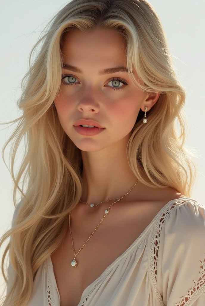 Maria Rafaela has long, wavy blonde hair that falls softly to her waist.. Her eyes are light blue, and she has fair skin with a slight pinkish tint. She is of medium height and has a slender figure. Your style is elegant and relaxed, preferring comfortable clothes that accentuate your natural beauty.
