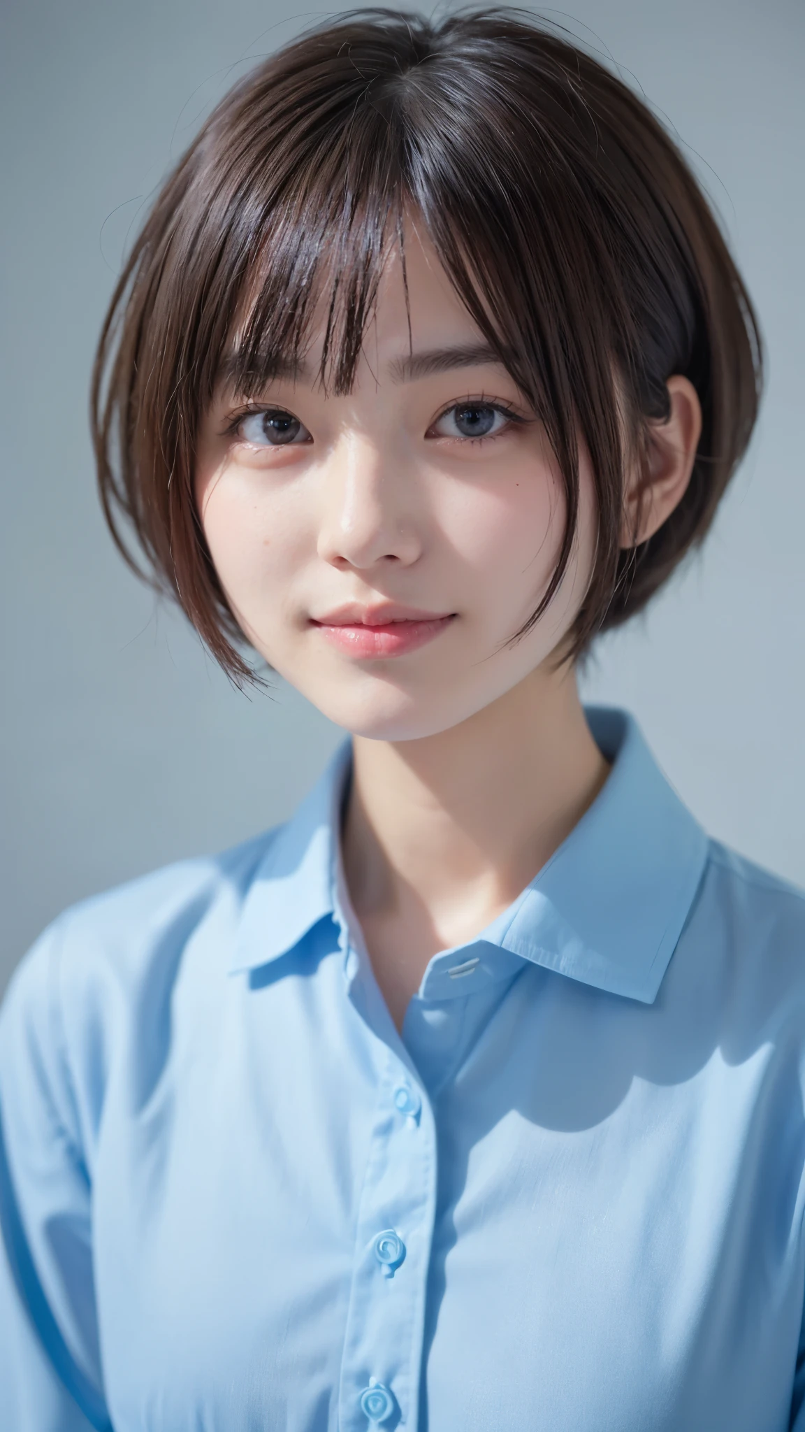 1 very cute girl、、short hair、Gray Hair、Reduces hair volume、Blue background、Upper Body、(head shot:1.5)、Eyes focus、Collared shirt、Laughter、、(8k、RAW Photos、highest quality、masterpiece:1.2)、(Realistic、Realistic:1.3)、Hmph、The depth of the written world、Wide Light、High Contrast、(Shine:1.4)、chromatic aberration、Sharp focus、RAW color photos、Cinema Lighting、8K resolution、