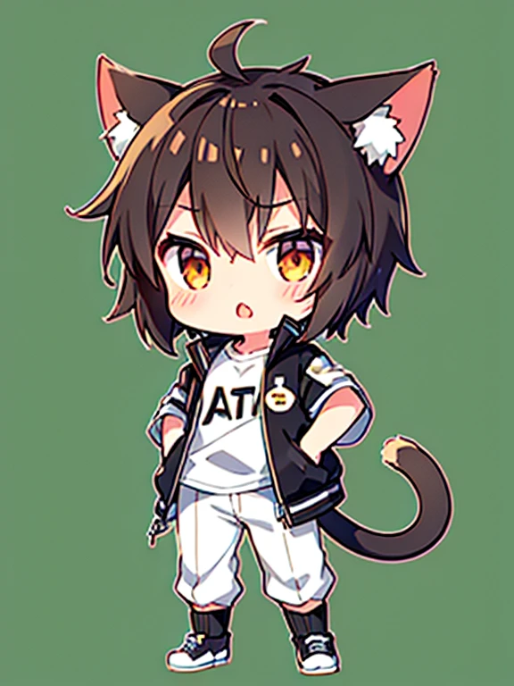 1boy, short hair, brown hair, brown eyes, NEKOMIMI, cat tail, white T shirt, gray jacket, black pants, chibi, put hands on body, standing, full body, green background, close mouth, shut mouth