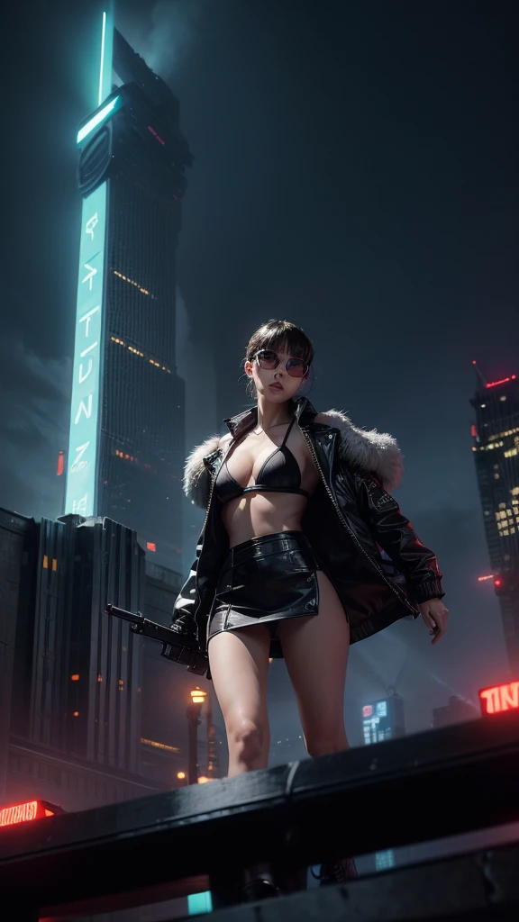 (Wide angle view). Blade Runner style futuristic city, simple outlined neon buildings, glowing giant clock tower, flying cars, lightning, 3d rendering Beeple. At night, (1girl, solo, alone), photorealistic, medium-breast slim:0.6 body, oval:0.5 face, cleavage:1.1, sexy black laced bra, deep-V, (low angle view of miniskirt), white laced panty, coat, (Matrix style black micro sunglasses), ((aiming viewer with a short gun)), (slightly leaning forward running pose), (half-body thigh level close-up shot), cinematic lighting, ray tracing.