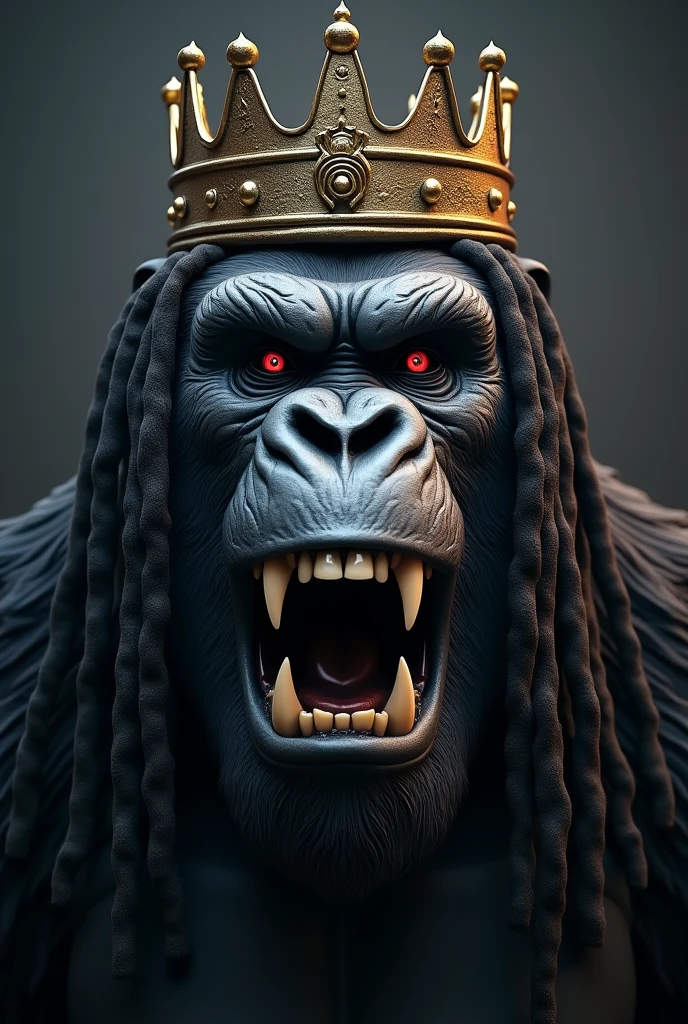 Create a gorilla head wearing a crown and has dread with a dark closed mouth huge smile with two side silver tooth in the mouth and deep dark stare with his deep glowing Red eyes