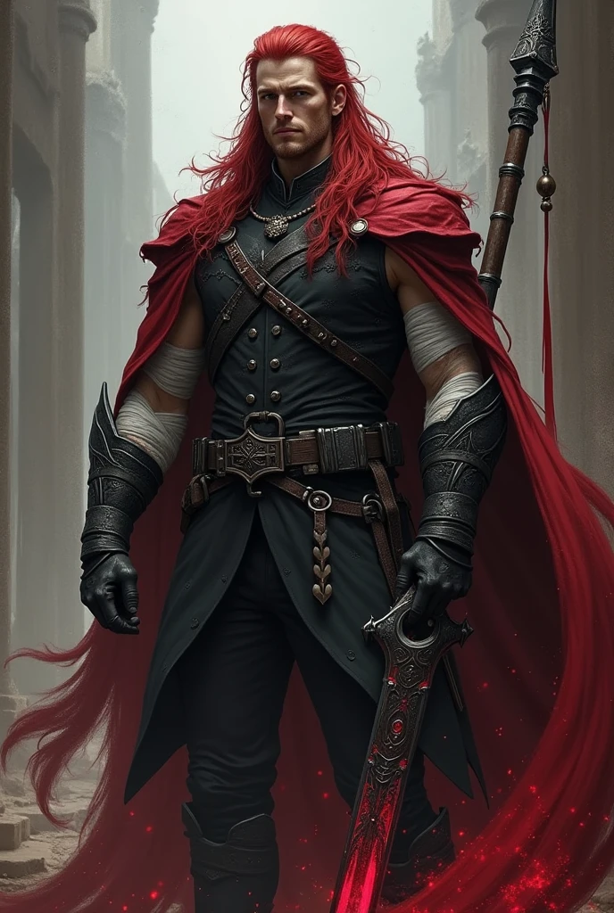 Morgan, the Crimson Red, is a towering figure at 1.92 meters, with striking, long red hair that flows down to his shoulders in wild, untamed locks. His clean-shaven face exudes both rugged strength and a calm, noble demeanor, highlighting his sharp, distinguished features.
He wears a black military lieutenant uniform, which bears the scars of countless battles. His outfit is tattered, with one sleeve of his cape intact and the other ripped, symbolizing his relentless struggles. Bandages are wrapped around his arms and torso, evidence of his constant injuries and the trials he has endured.
Morgan is afflicted by the Scarlet Blood Curse, a result of a failed experiment that attempted to harness the power of a mystical creature. This curse has granted him rapid regeneration and a life-draining ability linked to his weapon. His halberd, named Murmurius, is a cursed relic with a life of its own. The weapon’s design is both menacing and majestic, with dark, intricate engravings that pulse with an eerie light, reflecting its sinister nature.
Morgan’s overall appearance blends the essence of a battle-hardened warrior with the tragic nature of his cursed existence. His tattered uniform, bandages, and the ominous Murmurius create a powerful and haunting image, emphasizing both his formidable presence and the dark forces that bind him.
I would like it to be in a mature style, with the art in a fantasy and RPG style set in the Old West.