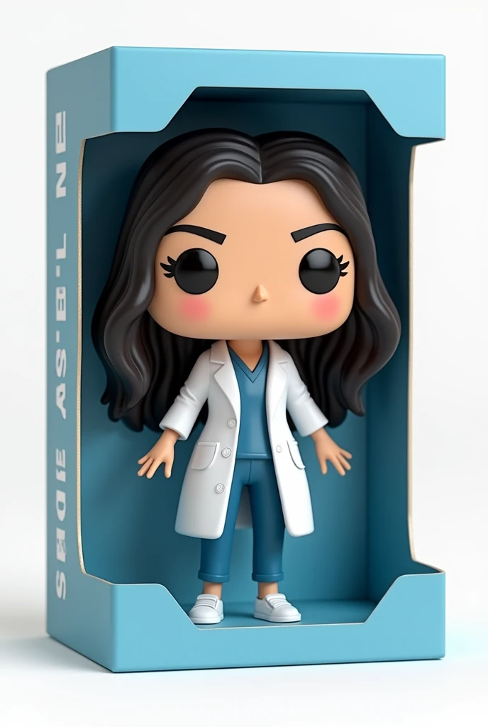 Create a Funko Pop of a kellen call, Brunetette, with slanted eyes, long black hair, dressed as a doctor. Funk must be presented inside and outside a blue box "unlimited editing". The box must also allow viewing of the funko, Typography, the rendering must be in 3D with a white background
