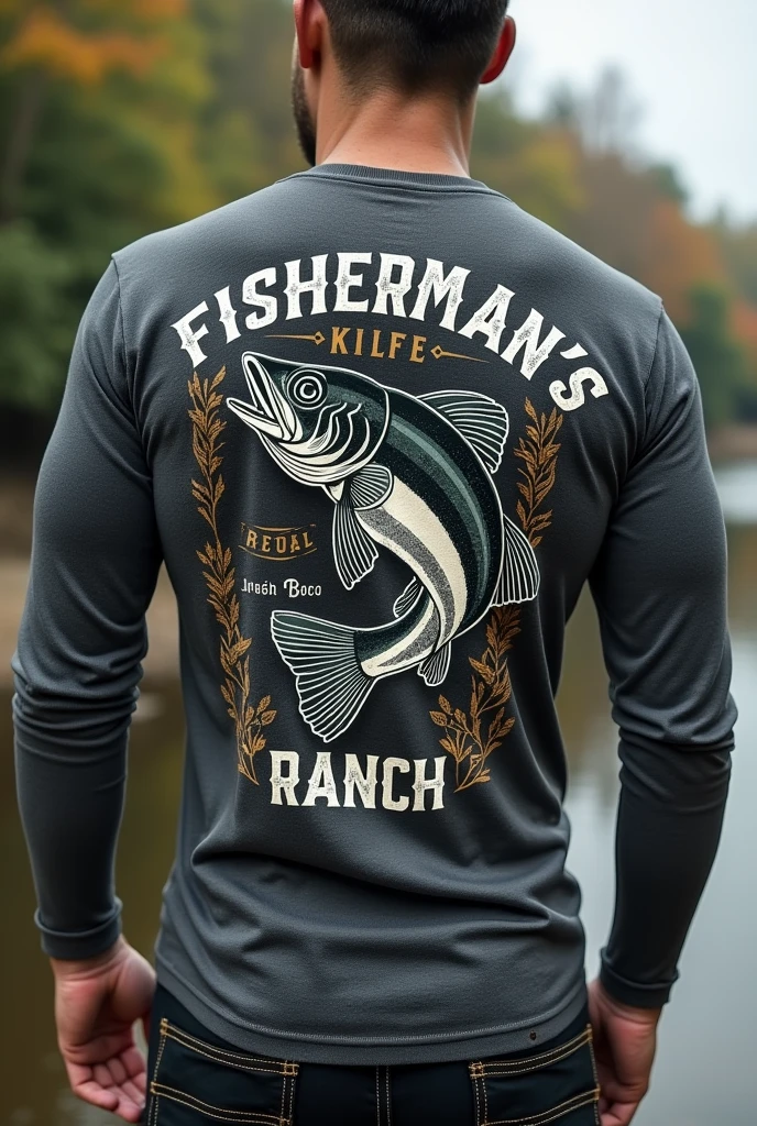 Make a long-sleeved thermal t-shirt with a black-striped Açu peacock bass,written on the MS Fisherman's Ranch T-shirt