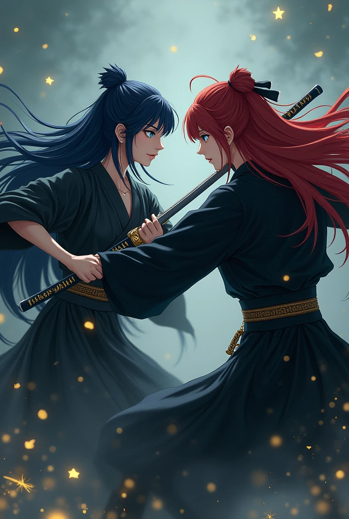 A princess with long dark blue hair and blue eyes in a black kimono suit and is fighting with an Assassin with red hair and white eyes in an anime manga version suit and there is fog and everything is dark with bright yellow stars, a princess and an Assassin fighting with their katanas.
