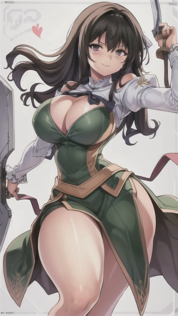 masterpiece,best quality,kim_kwang_hyun, 1girl,kashino, Brown Long hair, big busty , large huge breasts, looking at viewer, pink eyes, Brown Long hair, bangs, large huge breasts, long sleeves, dress, cleavage, closed mouth, Long weapon((sword)), puffy sleeves, arm up, clothing cutout, copyright name, green dress, cleavage cutout, juliet sleeves , power armor, shoulder armor, Brown long hair, smirk, pink eyes