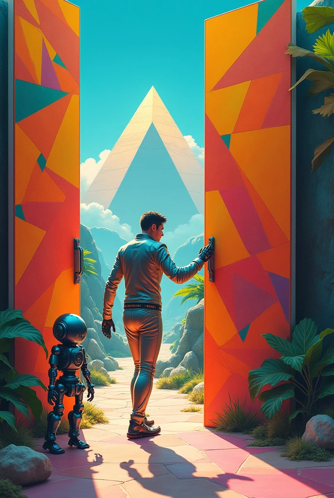 Un homme avec des vêtements futuristes pousse des deux mains des portes futuristes avec des figures géométriques de couleurs différentes sur la porte et devant lui une pyramide avec de l'herbe et des animaux ,le tout ressemblent à la peinture que j'ai publié et un robot et à côté devant une des portes.
