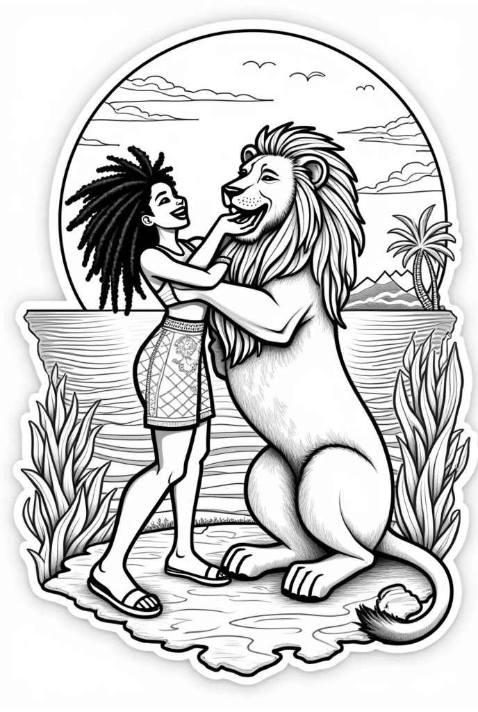 Rastafarian black girl with a lion enjoying the sunrise, summer outfit stands out, Energetic and lively scene.Caribbean, illustration, coloring book, black and white, white background , stickers