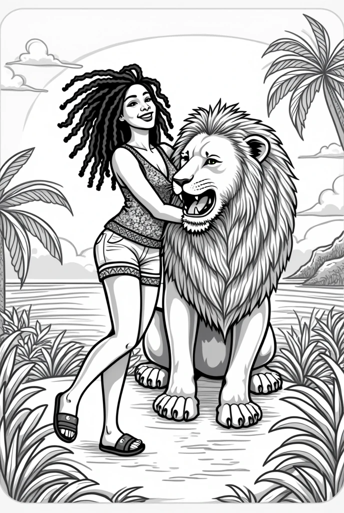 Rastafarian black girl with a lion enjoying the sunrise,  summer outfit stands out, Energetic and lively scene.Caribbean,  illustration,  coloring book, black and white, white background , stickers 