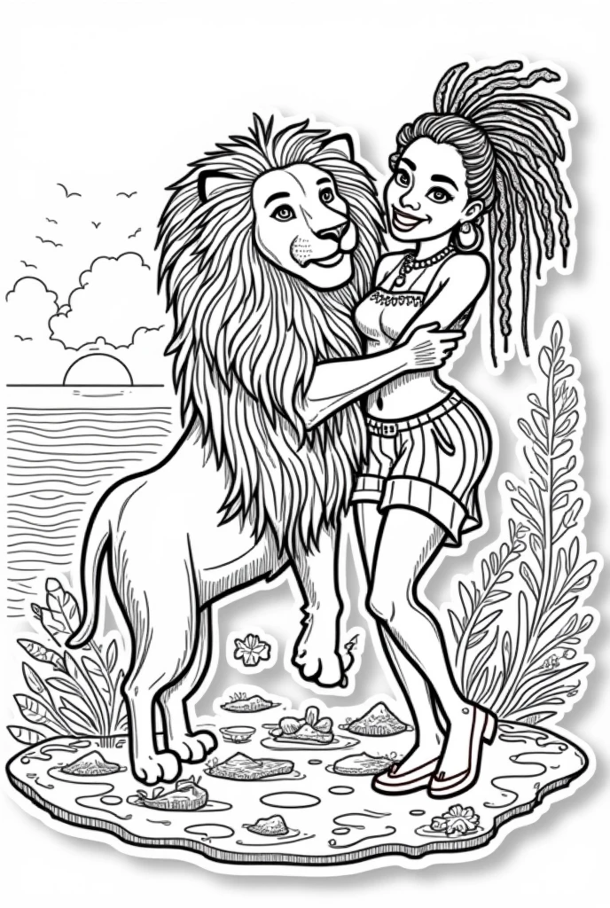 Rastafarian black girl with a lion enjoying the sunrise, summer outfit stands out, Energetic and lively scene.Caribbean, illustration, coloring book, black and white, white background , stickers
