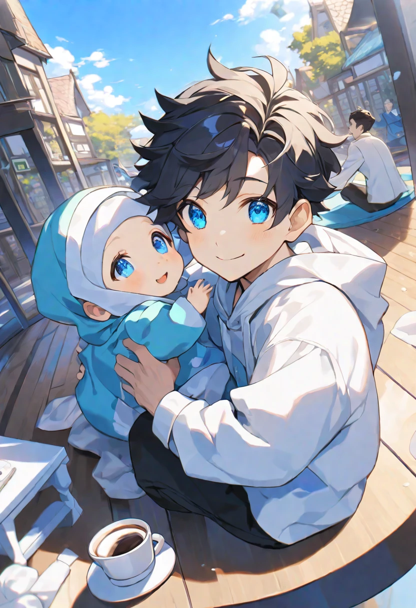 alone, elegant, adult,1 man, (30 year old man) ,Hugging the twins, short hair, black hair, Half and half, blue eyes, details, white shirt, Drink coffee,coffee cup,Coffee table, Hood, The father, Baby, Cute baby, Children's clothing, Two siblings, smile ,,boy, boyอายุ 2 ขวบ , full body, sit, Dynamic angle, black hair, court, 3yo, black hair, daytime, Clear sky, smile, Wearing a white hoodie, blue eyes, The composition should express a blend of innocence., The background should be eye-catching.,boyอายุ 2 ขวบ, full body, sit, Dynamic angle, white hair, court, 3yo, white hair, daytime, Clear sky, smile, Wearing a white hoodie, blue eyes, The composition should express a blend of innocence., The background should be eye-catching.,