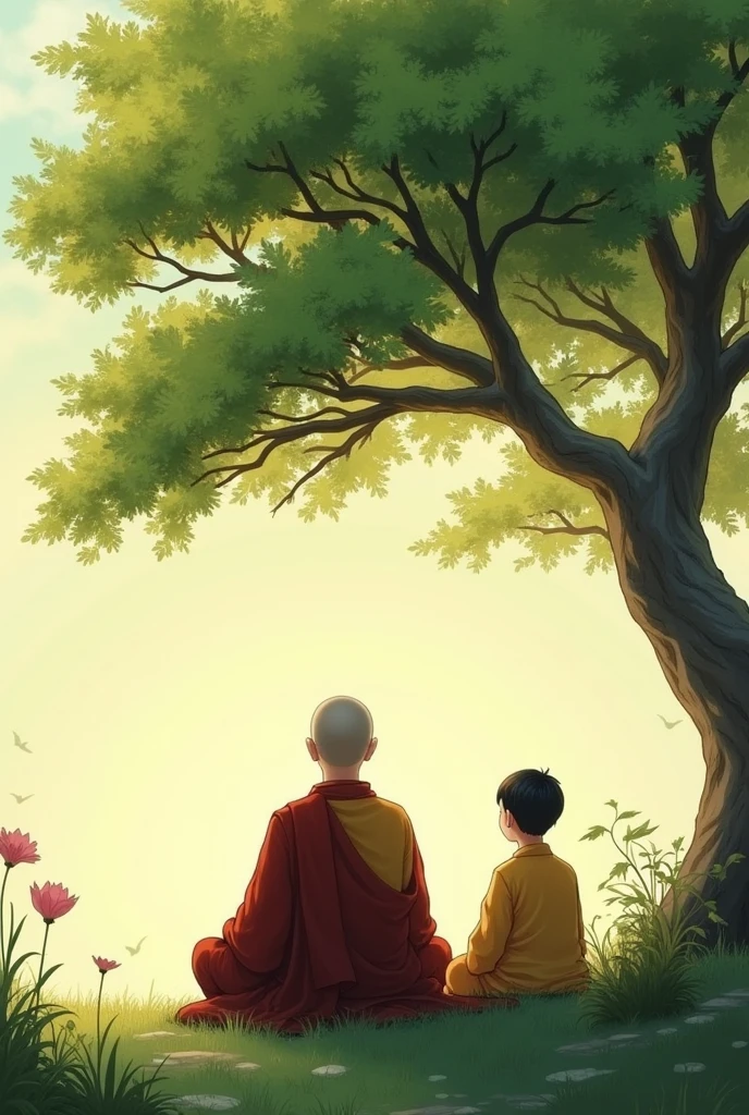 Monk and student sit and watching a tree
