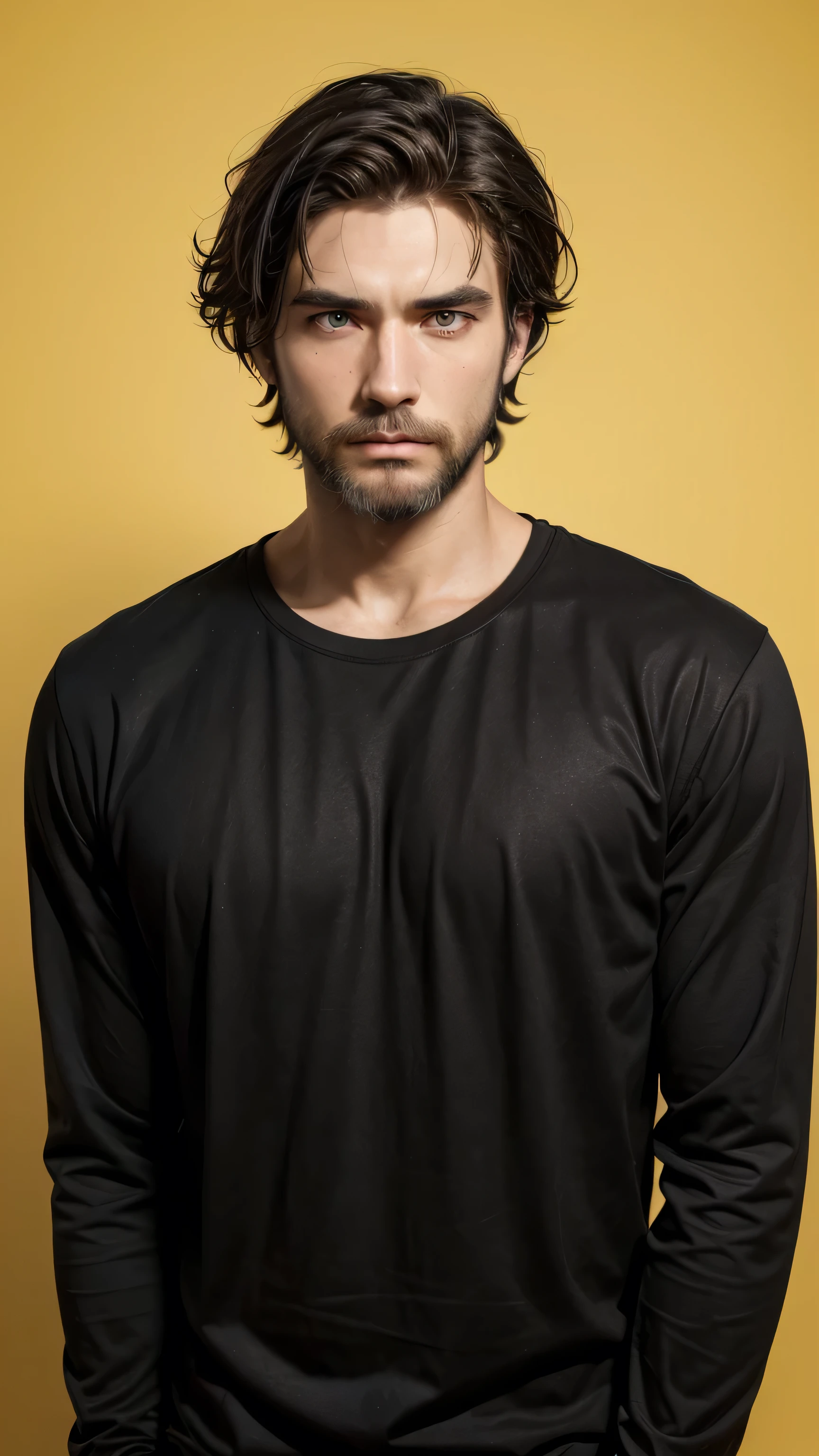 "A realistic male character named Jack Malte with a well-groomed beard and disheveled hair, wearing a plain black t-shirt with no logos or text. He has a healthy appearance, standing in front of a solid yellow background, with a serious expression, looking directly at the camera