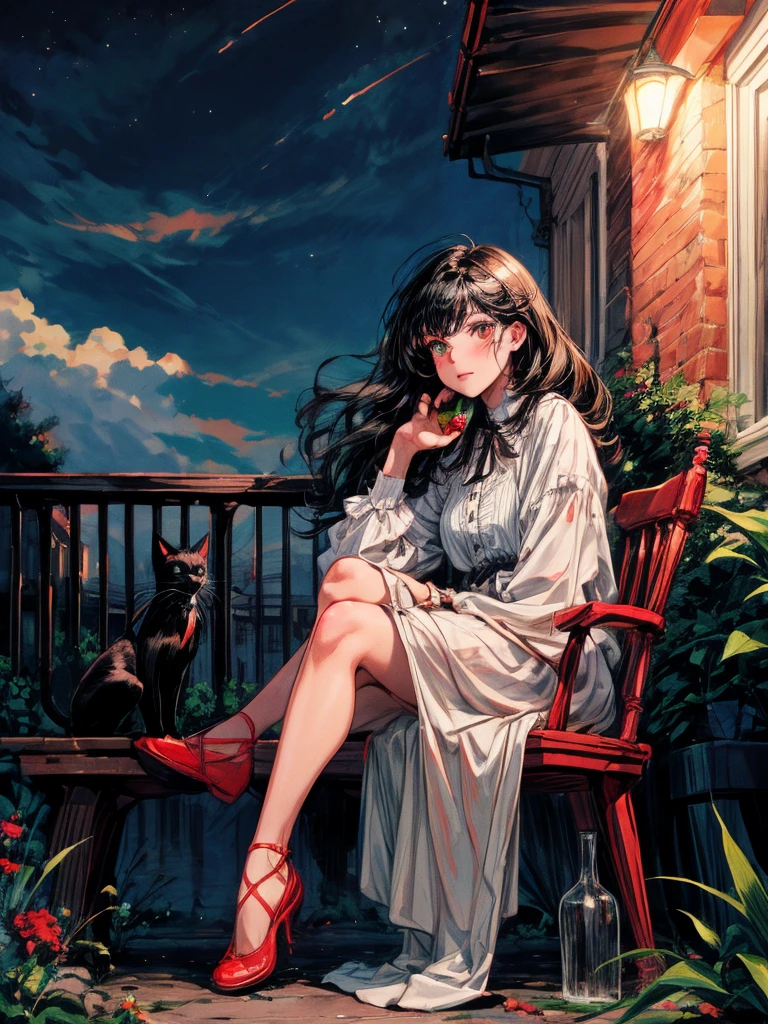 beautiful woman, (((full body))), ((background outdoor house)), (best quality), 1girl, solo A room with glass windows, curtains, a young woman with long black hair, red hair , White eyes with red pupils stare at sky, sitting on a chair, She is sitting and drink wild in front of the house., There are flowers, flower pots, a table, a wine glass, a wine bottle, a lamp, a black cat, Outside the window, there is a dark sky and stars.