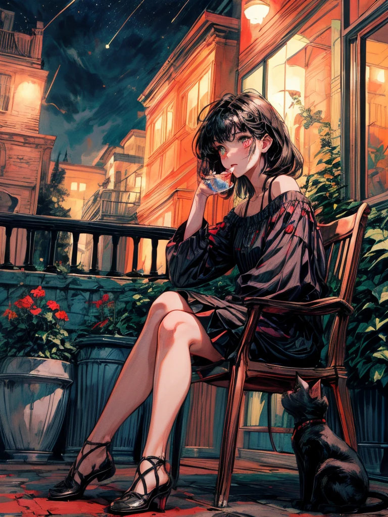 beautiful woman, (((full body))), ((background outdoor house)), (best quality), 1girl, solo A room with glass windows, curtains, a young woman with long black hair, red hair , White eyes with red pupils stare at sky, sitting on a chair, She is sitting and drink wild in front of the house., There are flowers, flower pots, a table, a wine glass, a wine bottle, a lamp, a black cat, Outside the window, there is a dark sky and stars.