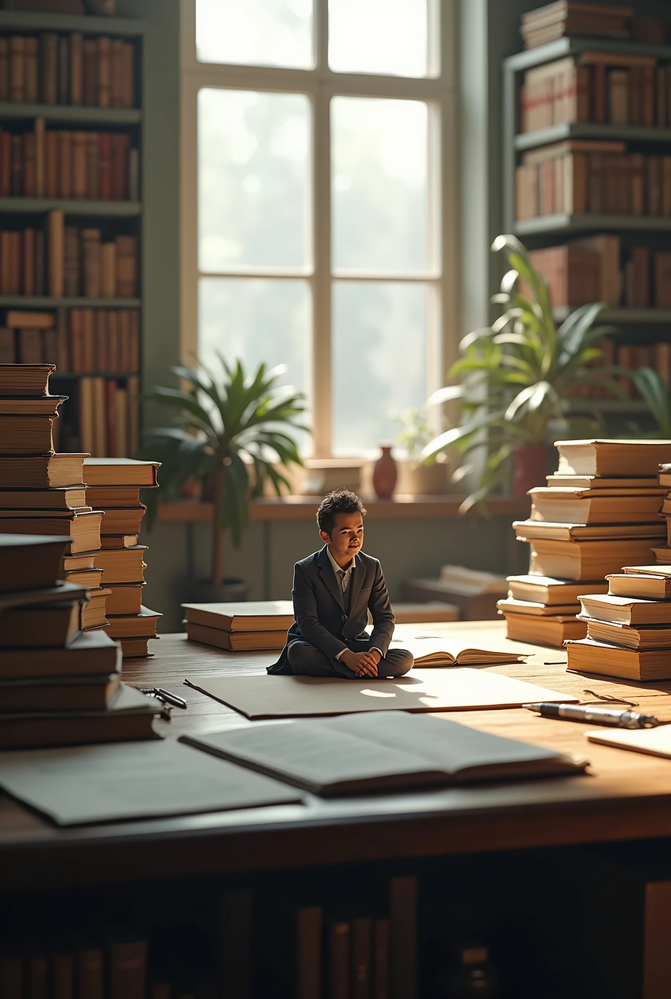 ((High definition, Masterpiece, 8k, Digital Photography, Digital Art)), ((Natural illumination)), contrast, white illumination, ((A tiny man sitted on a large desk next to giant stationery and books))