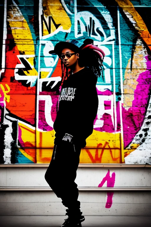 A background filled with scattered musical notes in various sizes and colors、

Creative logo illustration of a silhouette with dreadlocks and red headphones, 
Banksy、
A background completely filled with scattered musical notes in various sizes and colors, covering the entire screen.
singer、マイク、

beautiful girl colorful image

Dance hiphop Dance CREW  Waacking Dance

Punking 

black medium hair black medium hair 

Five fingers Baggy clothes Baggy clothes
HIPHOP crew、