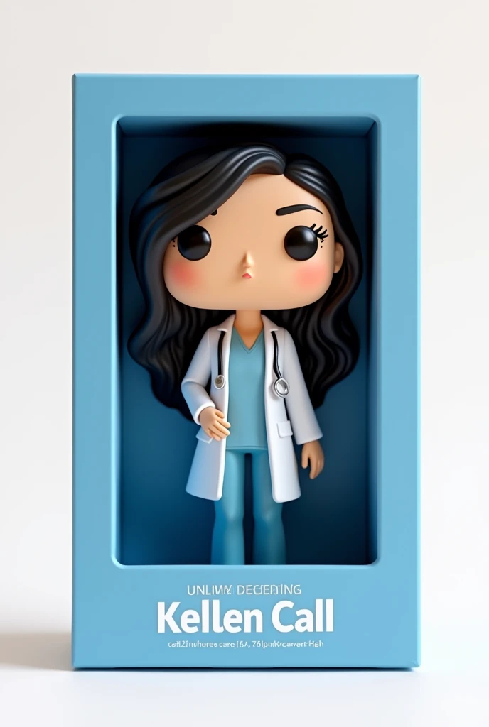 Create a Funko Pop of a kellen call, Brunetette, with slanted eyes, long black hair, dressed as a doctor. Funk must be presented inside and outside a blue box "unlimited editing". The box must also allow viewing of the funko, Typography, the rendering must be in 3D with a white background