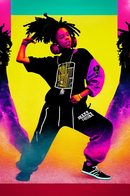 A background filled with scattered musical notes in various sizes and colors、
Creative logo illustration of a silhouette with dreadlocks and red headphones,
Banksy、
A background completely filled with scattered musical notes in various sizes and colors, covering the entire screen.
singer、マイク、
beautiful girl colorful image
Dance hiphop Dance CREW Waacking Dance
Punking
black medium hair black medium hair
Five fingers Baggy clothes Baggy clothes
HIPHOP crew、