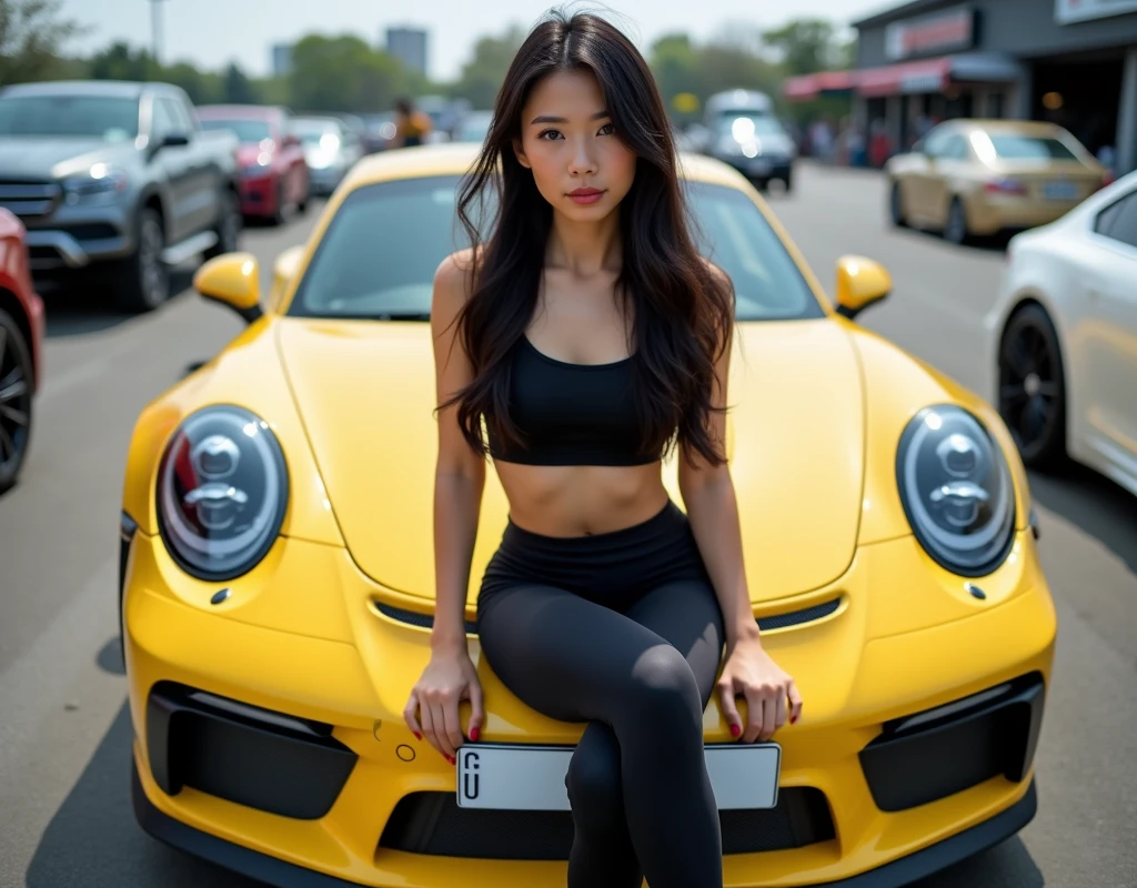 Full hd photo of long haired thai woman in workout clothes sitting on yellow porsche in parking lot.