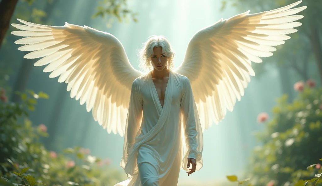 Japanese boy Angel god々Shii Handsome 優Shii It's like I'm talking to you front, A gentle, white and gold-winged male pale white skinned, white hair, blue eyes, Asian Korean features, Athletic body, mid 30s angel (simple design) - Soft colors, with a subtle glow - Ethereal background, with a subtle texture I want it as a man, walking through the garden of Eden, 32K UHD, best quality, masterpiece, Style Raw, hyperrealistic.